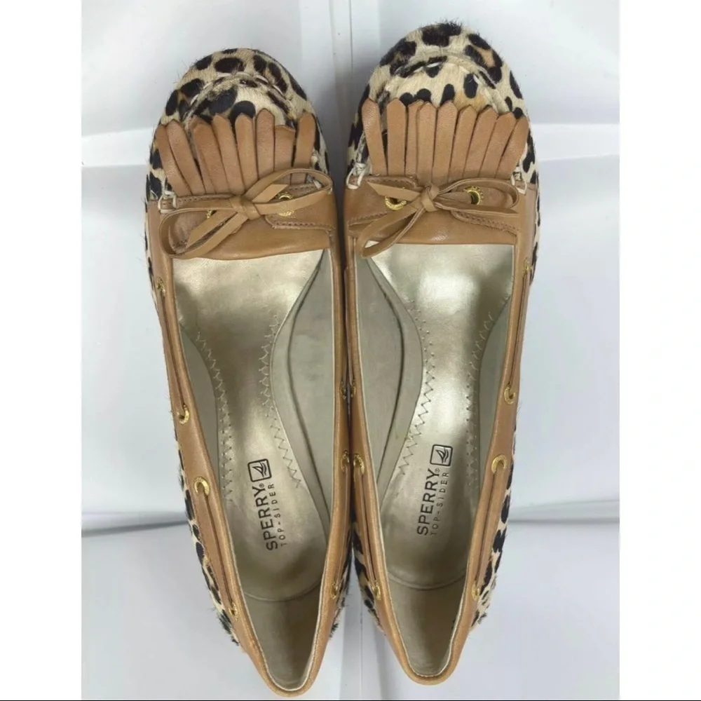 Sperry Sz 7.5 M Leopard Calf Hair Brown Leather Wedge Loafer Boat Shoe Kiltie